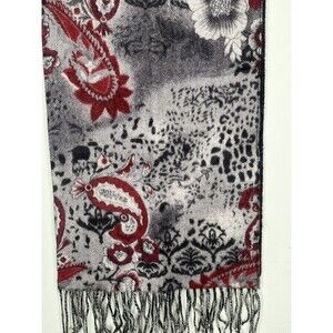 Enya Mantanani 100% Cashmere Scarf Gray Red Paisley Floral Fringe Soft/Warm